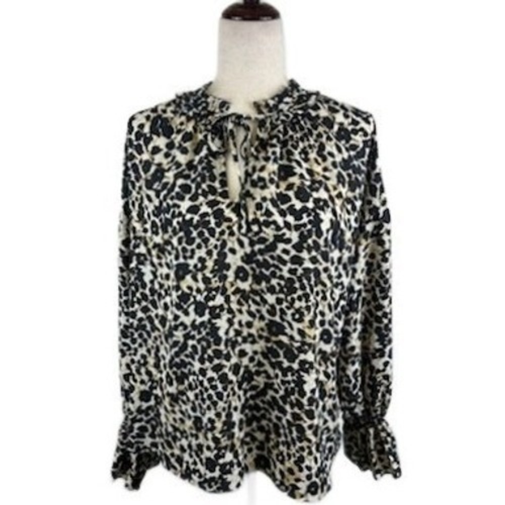 Sanctuary Blouse Women's Size Medium Animal Print Ruffle Neck‎ Long Sleeve